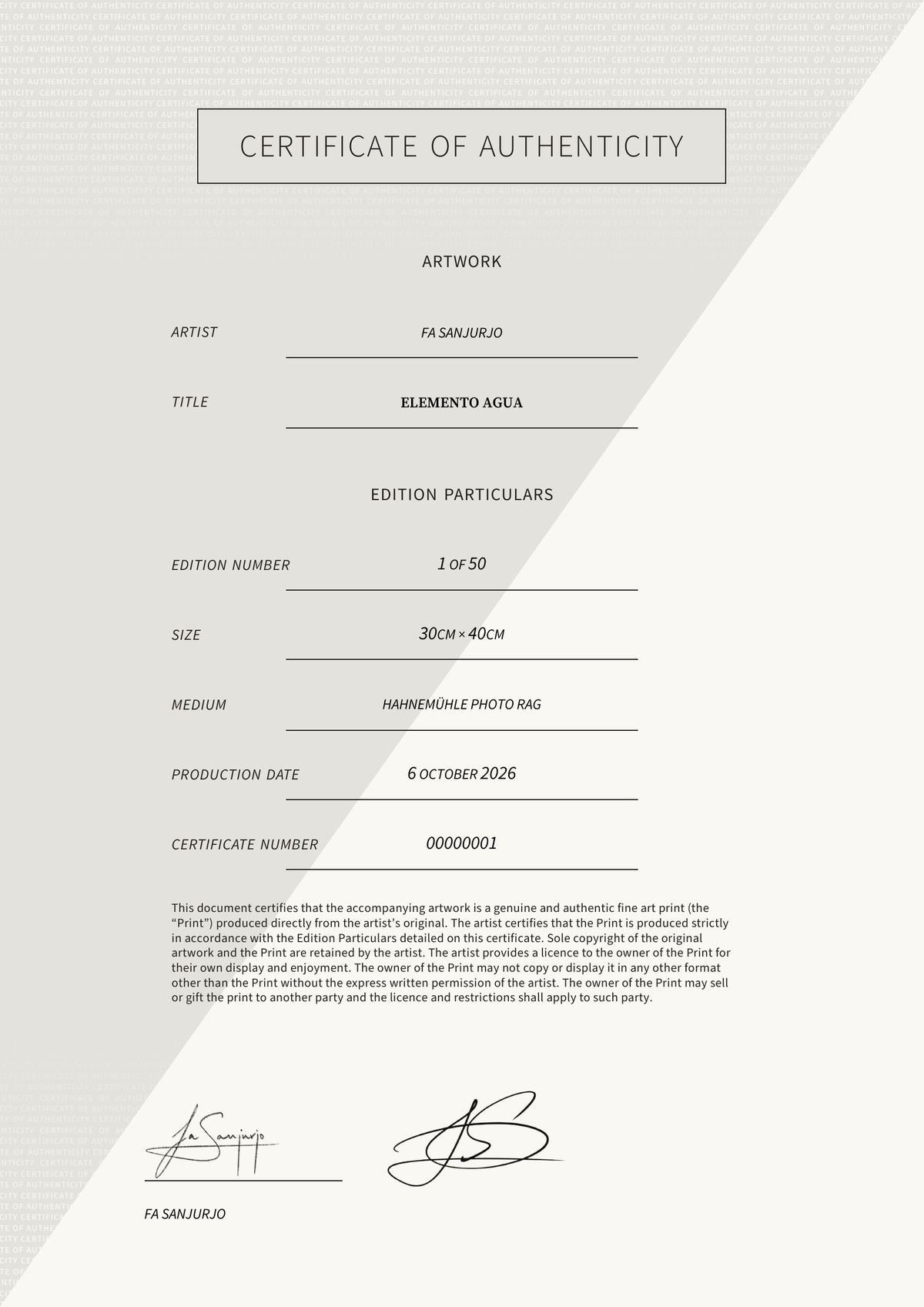 Elemento Agua — Certificate of Authenticity